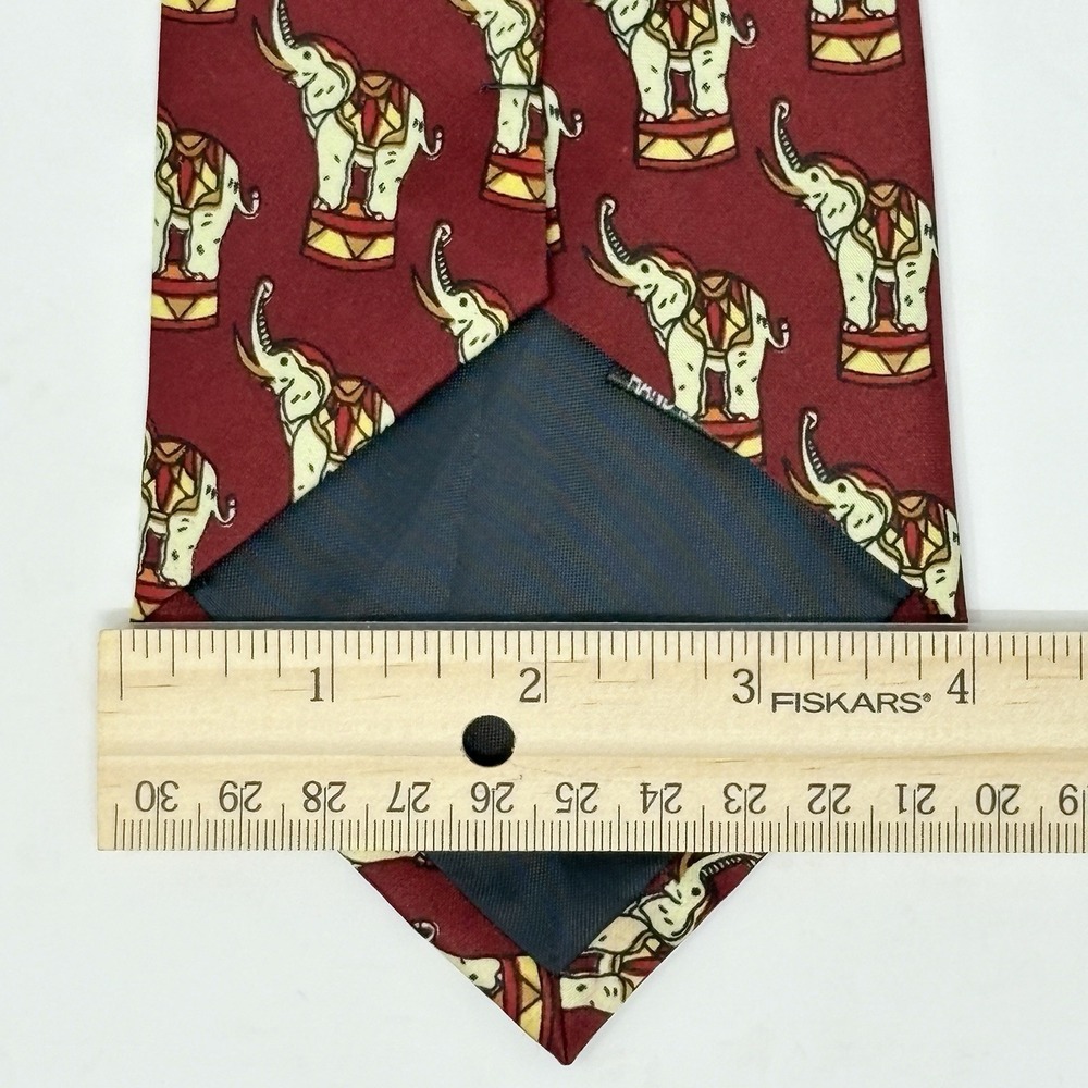 Rene Chagal Silk Italian Design Necktie Animal Print Elephants Handmade Maroon - Picture 6 of 7
